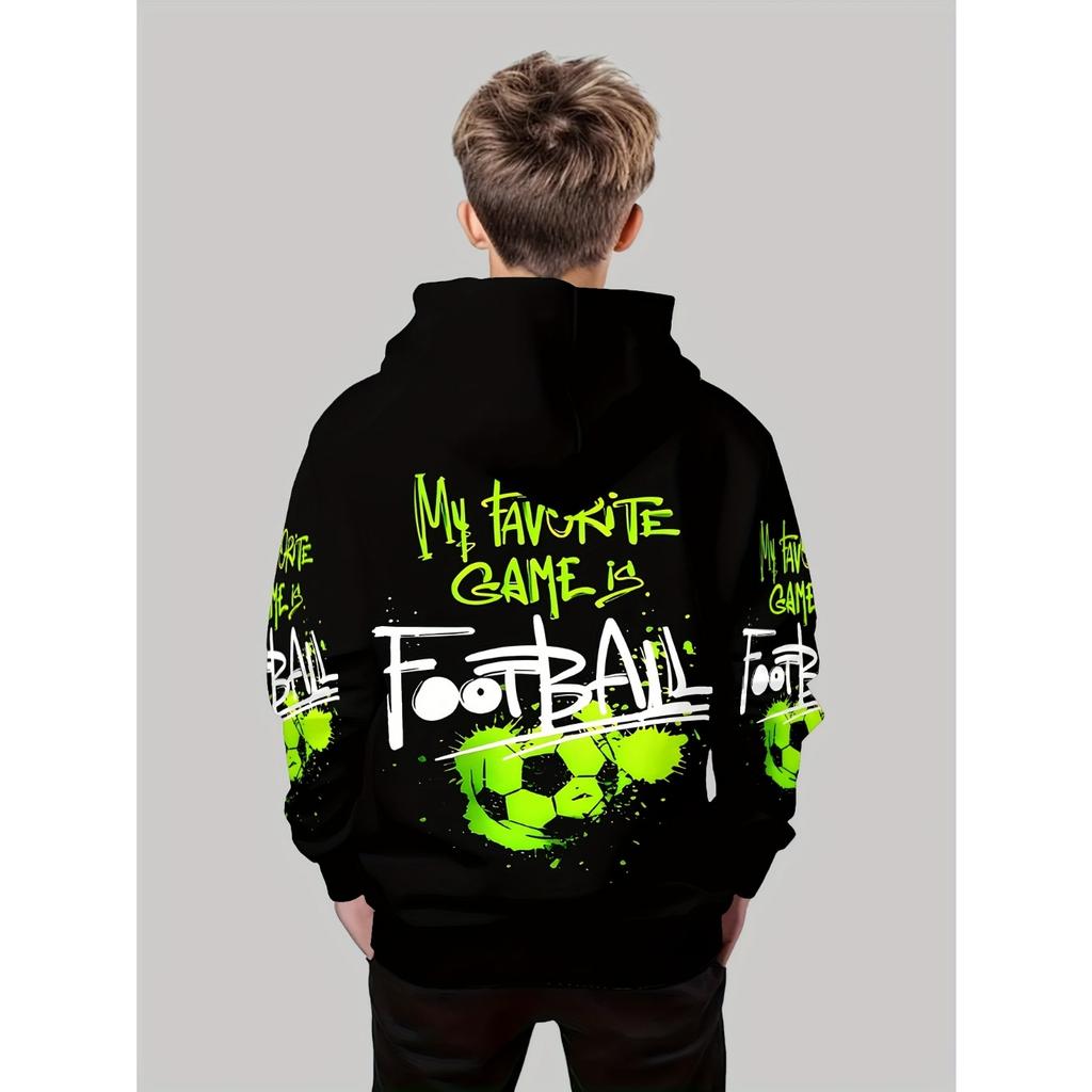 Guttegenser med 3D-trykk - Fotballmønster Slogandesign, Langermet Høst/Vinter Casual Sportstopp