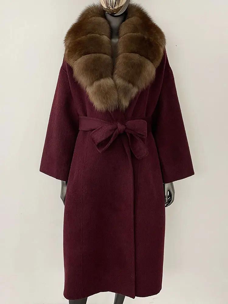 OFTBUY Kabát z pravé kožešiny 2024 Nadměrný dámský svrchní oděv Zimní dámská bunda s límcem z přírodní liščí kožešiny Kapuce Kašmírová vlněná směs Kabát