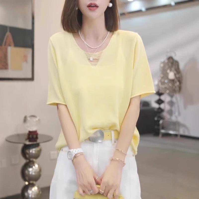 

Yellow Hollow Short-sleeved Sweater for Women Plus Size Fat Girl Summer Top Fashionable and Versatile Onesize жёлтый