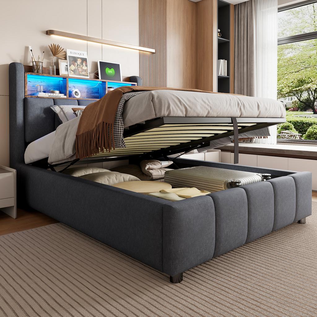 Letto imbottito 90*200cm con illuminazione LED e porta USB, testiera con ripiani, con contenitore idraulico, letto singolo per bambini, grigio lino