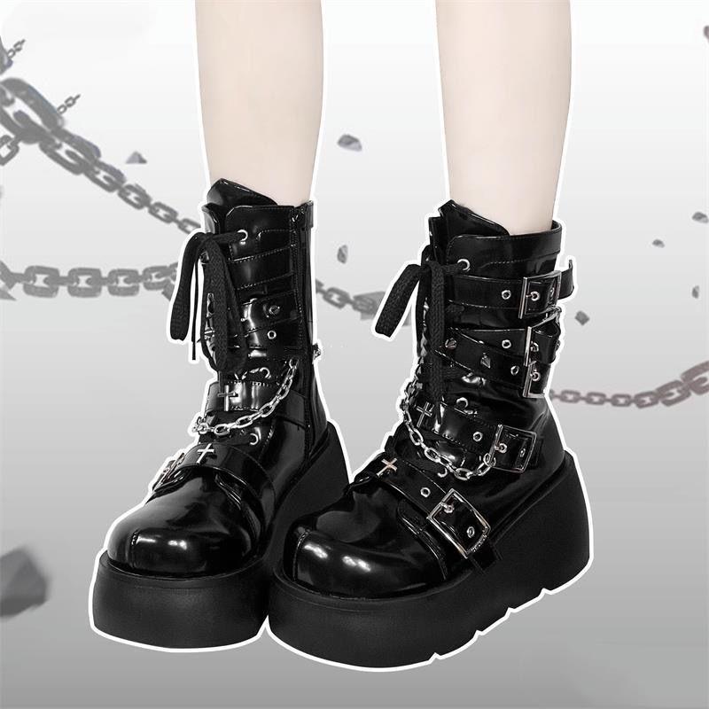 Muffin Belt Buckle Punk Medium Boots Spice Girls Platform Boots 2025 Autumn New Wedge Heel Raised Martin Boots Women
