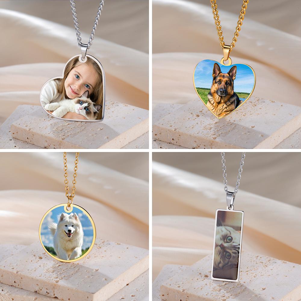 Collana Ciondolo Rotondo Cuore Rettangolo con Foto Personalizzata Acciaio Inossidabile Gioielli per Donna Uomo Famiglia Regalo di Compleanno
