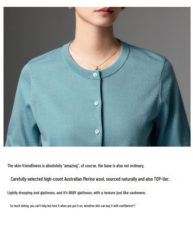 Merino Fine Spun Wool Women's Cardigan: 2026 Spring-Autumn Round Neck, Single-Breasted, Elegant Knit Sweater
