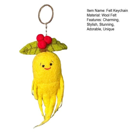 Felt Ginseng Keychain Handmade Wool Felt Ginseng Fruit Bag Charm with Leaves Soft