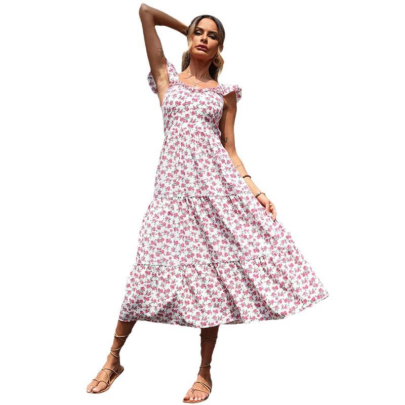 Summer fresh pastoral print ruffle edge sleeveless backless dress