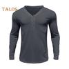 Men Spring Autumn Top Button Decor V Neck Long Sleeves Solid Color Pullover T-shirt Stretchy Slim Fit Fitness Sport Top