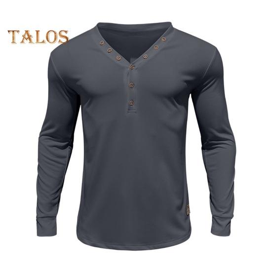 Men Spring Autumn Top Button Decor V Neck Long Sleeves Solid Color Pullover T-shirt Stretchy Slim Fit Fitness Sport Top