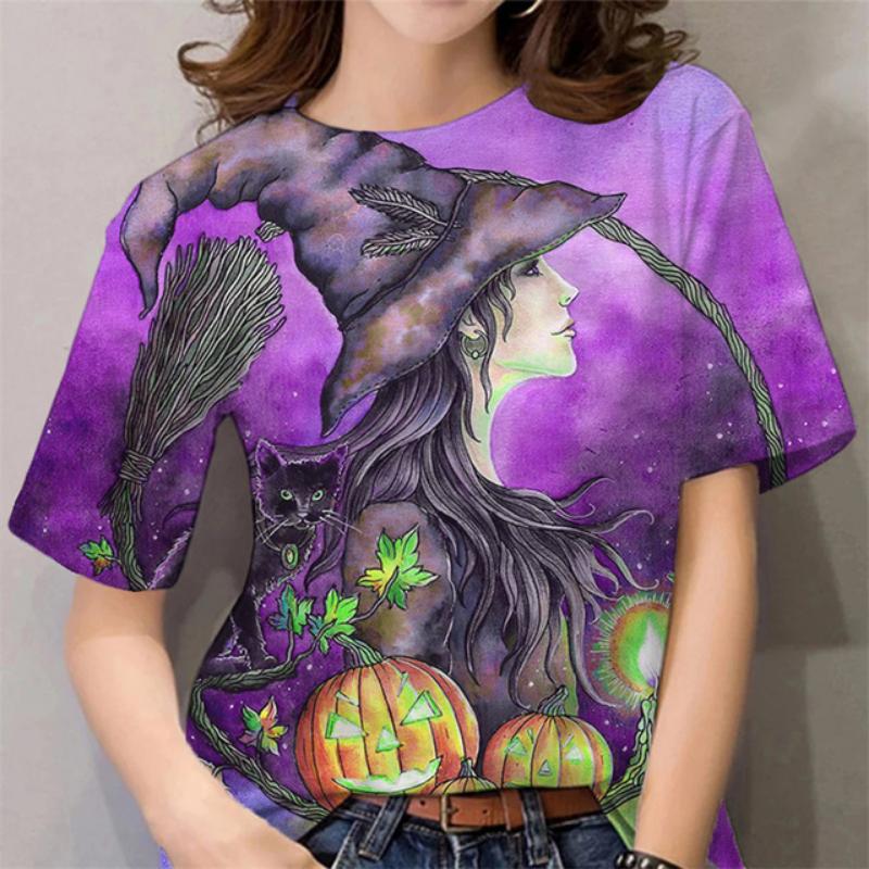 Halloween Pattern T Shirt For Women Witch 3D Printed Short Sleeves Summer Casual Oversized T-Shirts O-Neck Tops Tees Streetwear
