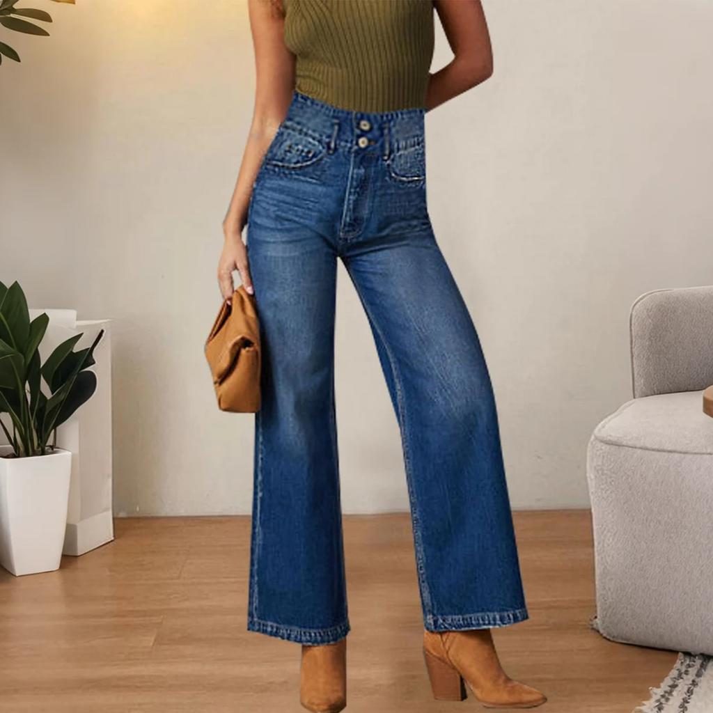 Damen Jeans mit hoher Taille und gewaschener Optik, modische, vielseitige Hose mit geradem Bein