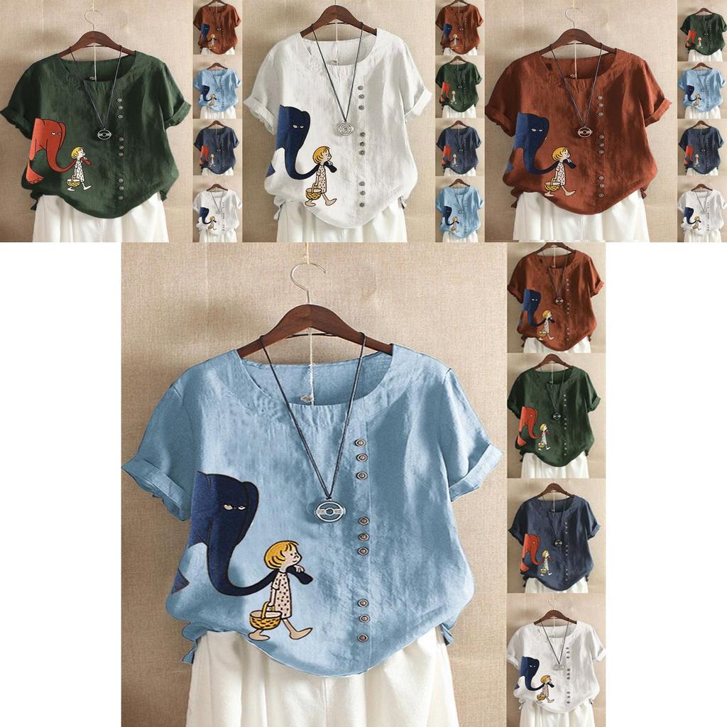 Damen Cartoon Blumen Oberteile Damen Sommer Locker Bluse T-Shirts Übergröße