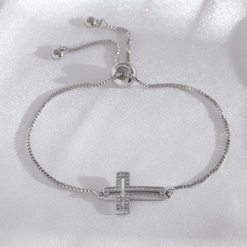 Electroplated Cross Bracelet with Hollow Design, Handcrafted Jewelry Featuring Zirconium Stones, Adjustable Bracelet