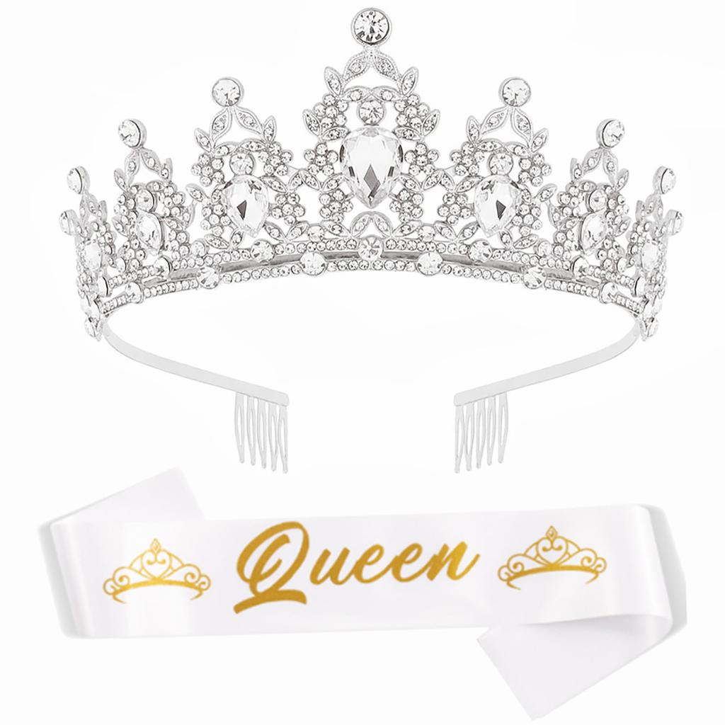 Party Royal Crown med skärp för män Kvinnor Födelsedag King Rhinestone Crown Shoulder Wrap Set Kvällsfestrekvisita tillbehör