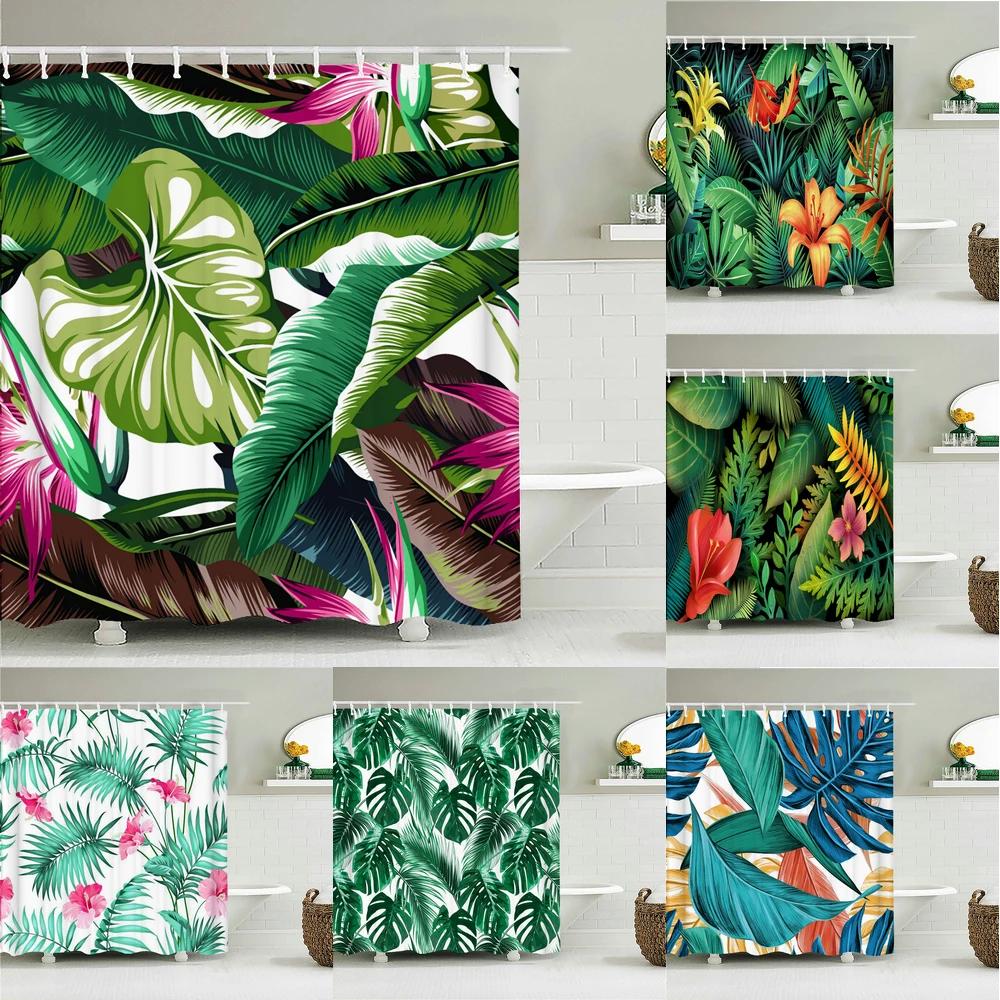 Tropical Plant Leaves Bath Curtain Waterproof Fabric Shower Curtains Colorful Palm Leaf Print Bathtub Screen for Bathroom Decor