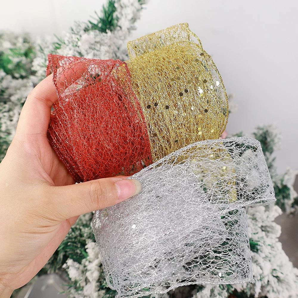 2M Christmas Ribbon Hollow Out Shiny Gold Silver Red Silk Ribbon Gift Wrapping Xmas Tree Hanging Decoration DIY Handmade Bowtie
