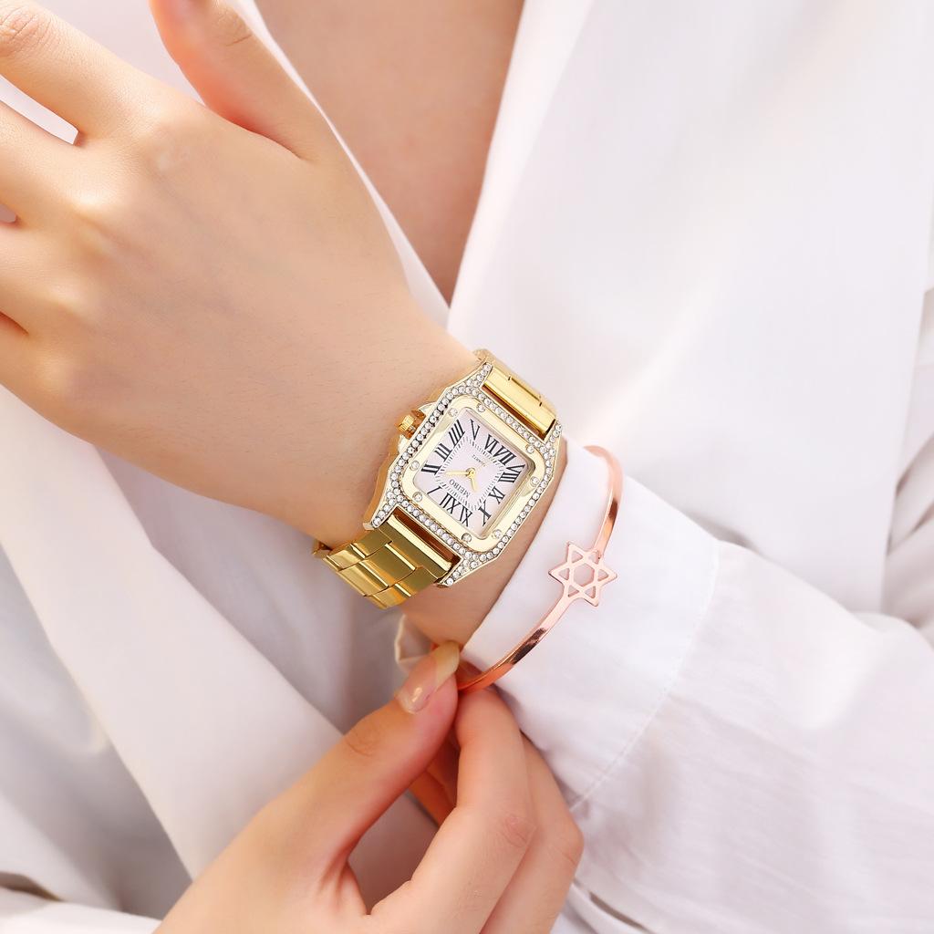Fashion Luxury Women's Square Watch Diamond Steel Strap Roman Scale Dial Quartz Female Gift Clock Watches