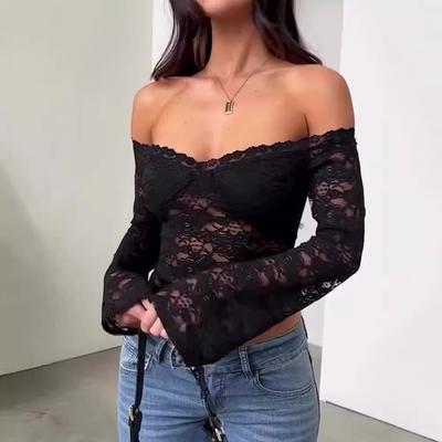 Tooxika Frühling und Herbst neue Mode sexy schlanke Spitze einzeilige Langarm kurze Top