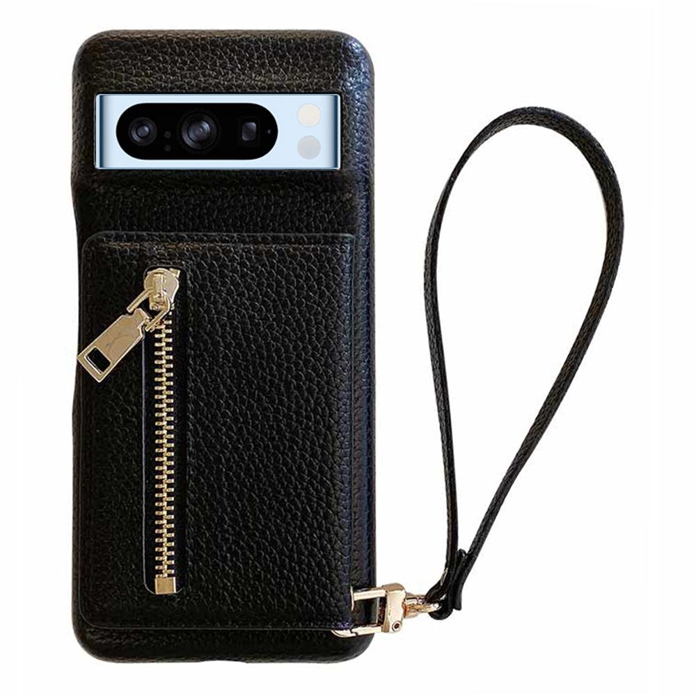 

Чехол для Google Pixel 8 Pro с отделениями для карт, подставкой, задней крышкой из ПУ кожи с карманом на молнии, ремешком на запястье Black