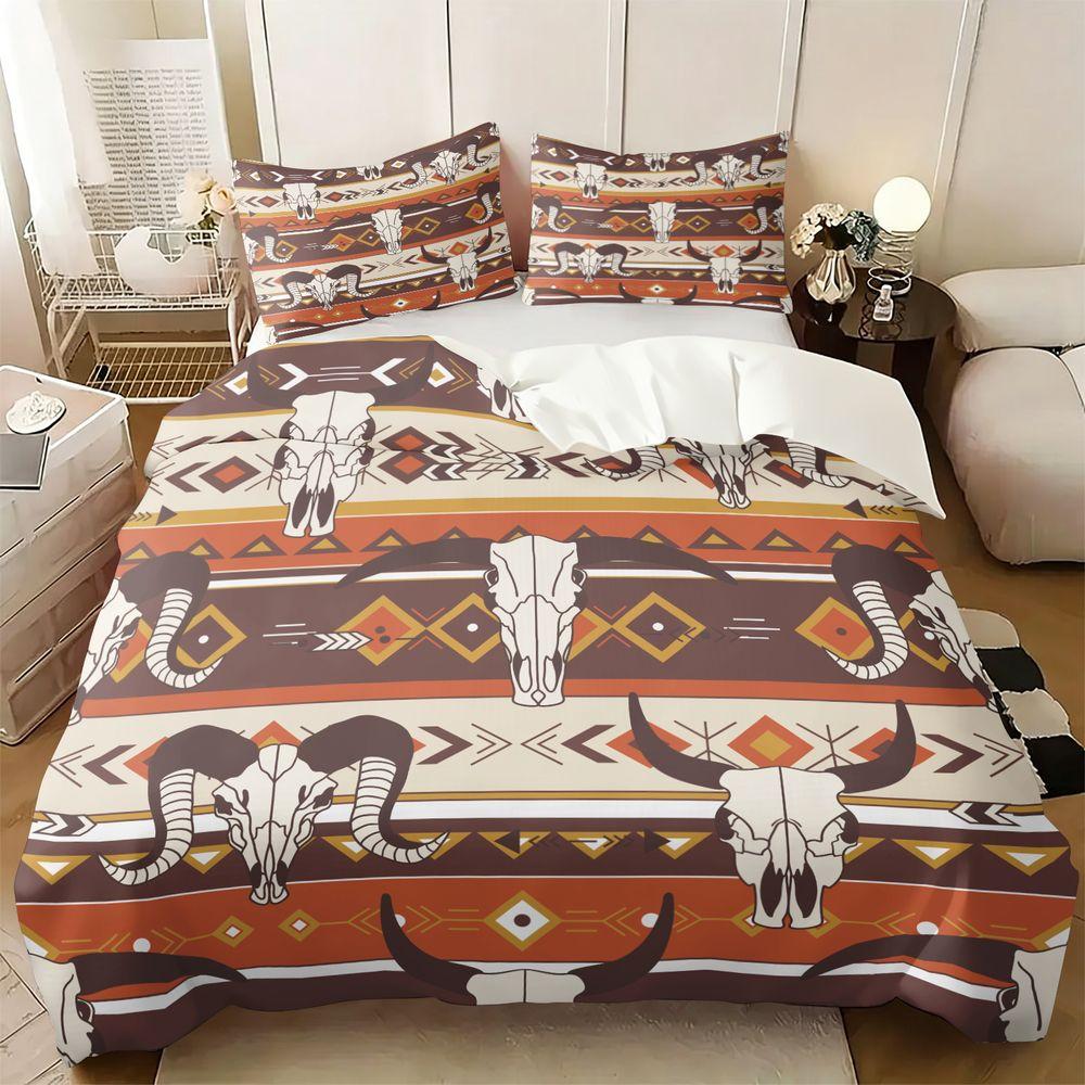 Western Skull Print Duvet Cover Set (1 Duvet Cover & 1/2 Pillowcase) Tribal Boho Bedding Set for Bedroom Decor Gift