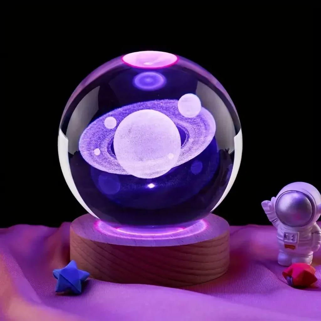 Umgebungslicht Saturn 3D Kugel Lampe Sonnensystem Kristallkugel mit Mehrfarbiger LED Lichtbasis Stimmungslicht Geschenke Geburtstag
