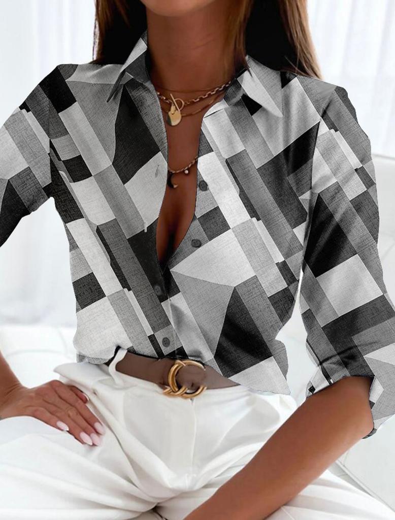 Women's Elegant Vintage Fashion Geometric Blouse Lapel Neck Blouse Womens Long Sleeve Shirts Womens Clothing Female Clothing