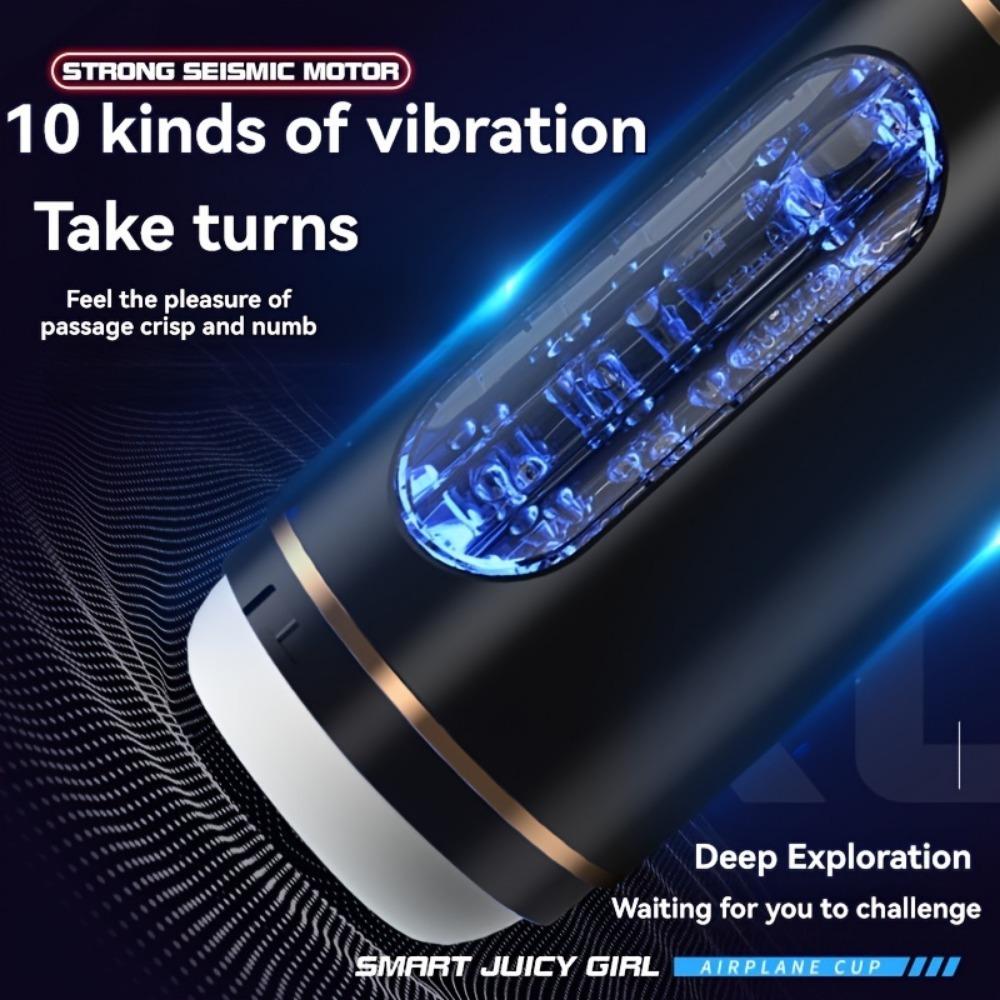USB Rechargeable Electric Airplane Cup for Men - 10 Vibration Modes + 4 Language Voice, Free Headphones, Discreet Sex Toy