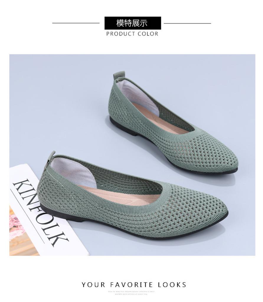 Women Pointed Toe Flat Shoes Breathable Hollow Knit Slip On Casual Soft Sole Lightweight Comfortable Walking Footwear