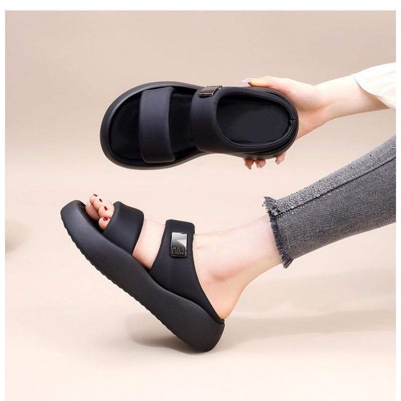 

Temperament Comfortable Fairy Wind Beach Wear British Style Fashion Versatile PU Rubber Middle Heel (3-5 Muffin Bottom Slippers) 35 чёрный