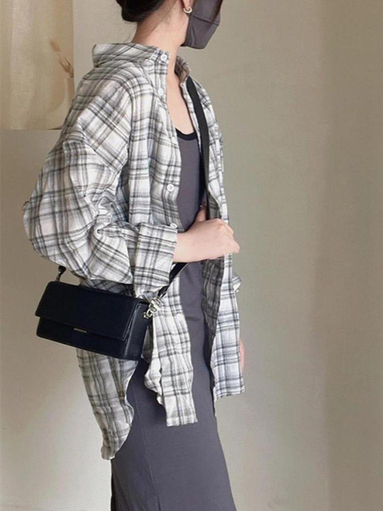 Women's Gray Plaid Summer Sun Protection Cardigan - Korean Style Loose Fit Shirt Jacket