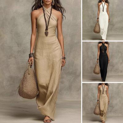 Women's Halter Neck Sundress Crisscross Sleeveless Bodycon Maxi Dress Summer Beach Travel Vacation Long Dress