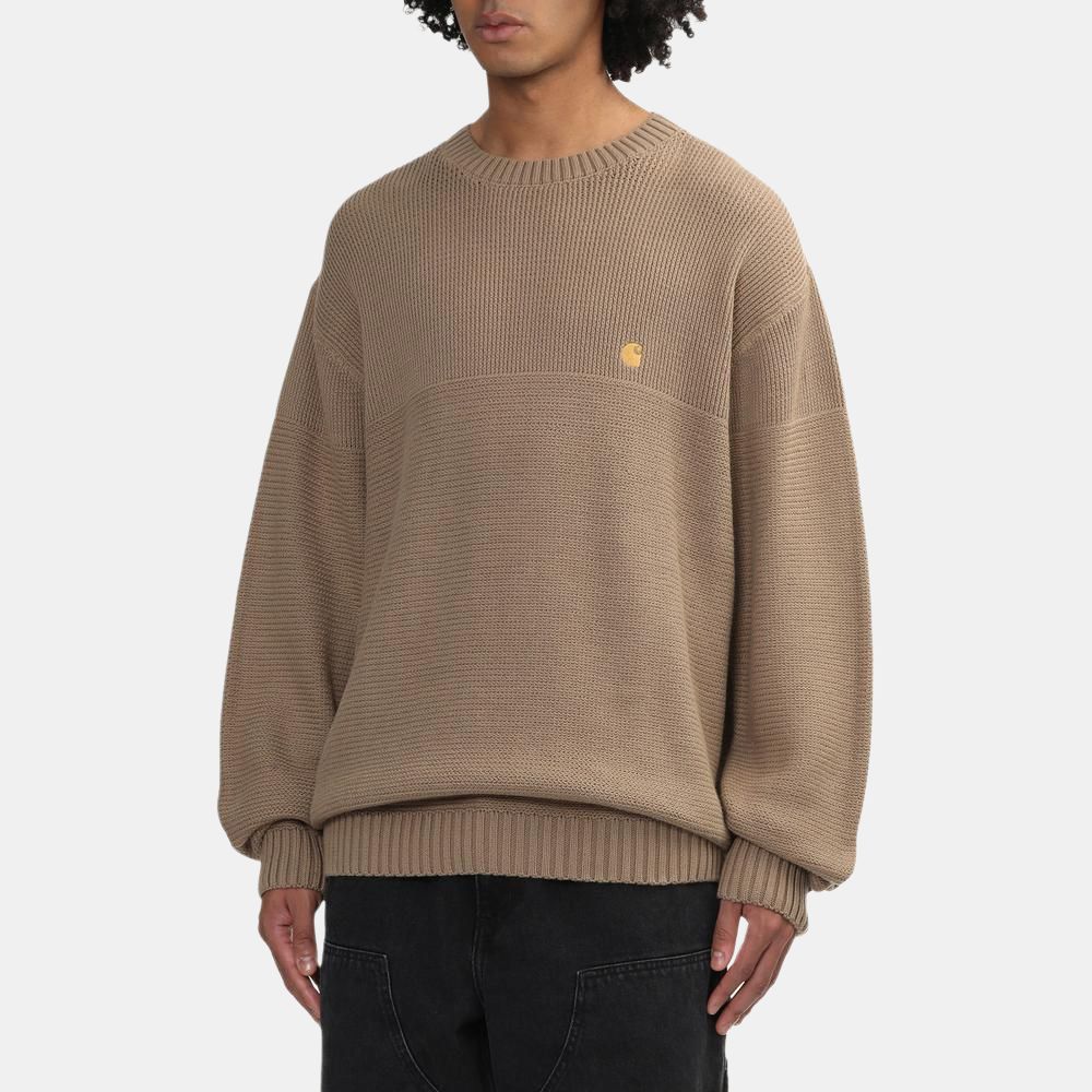 Carhartt WIP Embroidered Logo Solid Color Crew Neck Long Sleeve Pullover Knit Sweater Men Sweater Khaki CHXSWI033884N
