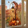 Thanksgiving Window Clings Autumn Pumpkin Street Lamp & Maple Leaves Wall Sticker, Waterproof PVC Fall Harvest Atmosphere Decor Decal, Decorative Peel