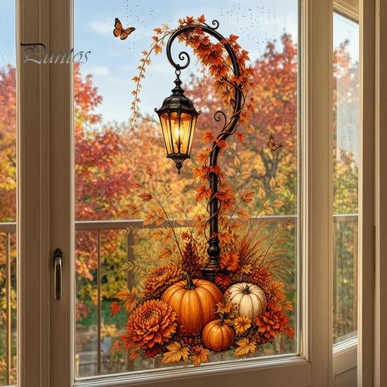 Thanksgiving Window Clings Autumn Pumpkin Street Lamp & Maple Leaves Wall Sticker, Waterproof PVC Fall Harvest Atmosphere Decor Decal, Decorative Peel