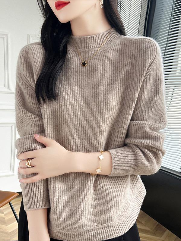 Women's Autumn/Winter Thick Wool Knit Sweater with Half-High Collar - Soft and Cozy Base Layer Top