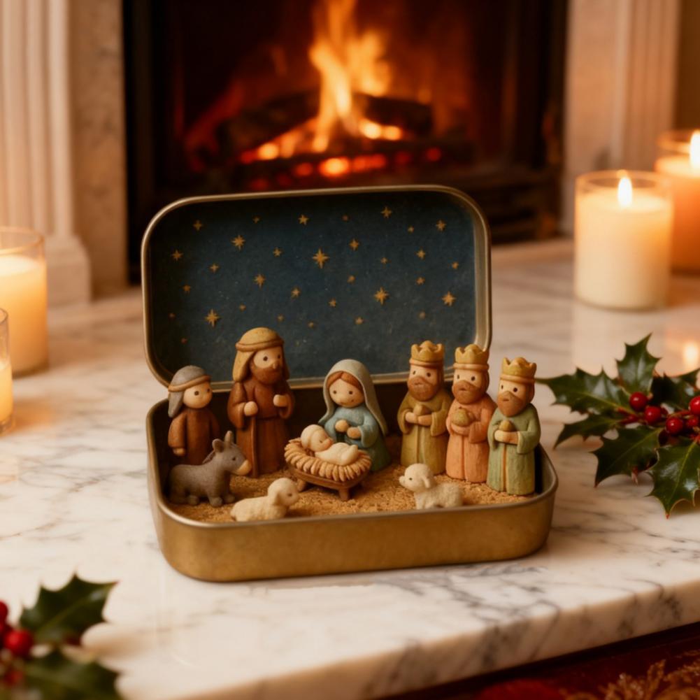 Holiday Exchange Gifts Handcrafted Miniature Christmas Nativity Set Tin Box Holy Family Ornament Pocket Nativity Scene Gift