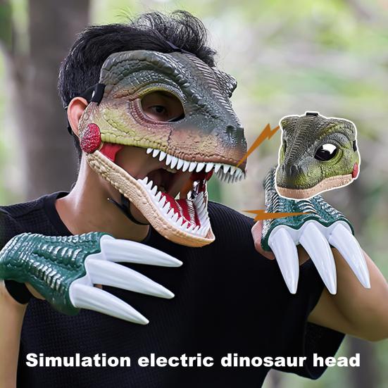 Electric Dinosaur Head Headgear with Sound Movable Mouth Screaming Dino Head Halloween Costume Party Cosplay Velociraptor Head Cover Party Supplies