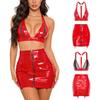Women’s Wet Look PU Club Outfit Y-Back Zipper Cup Bra Top and Front Zipper Back Floral Lace Lace-Up Detail Bodycon Mini Skirt 2Pc Set for Nightclub