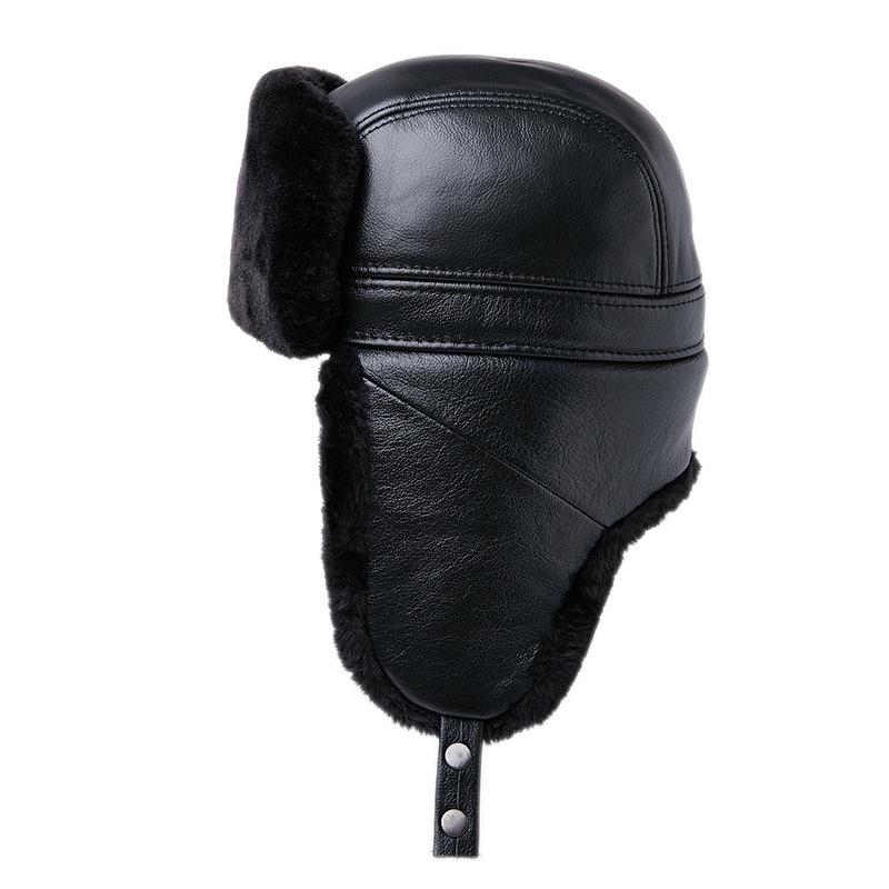 Men's Genuine Leather Ushanka Hat Russian Trapper Hat Winter Warm Thickened Bomber Cap Trooper Hat with Ear Flaps