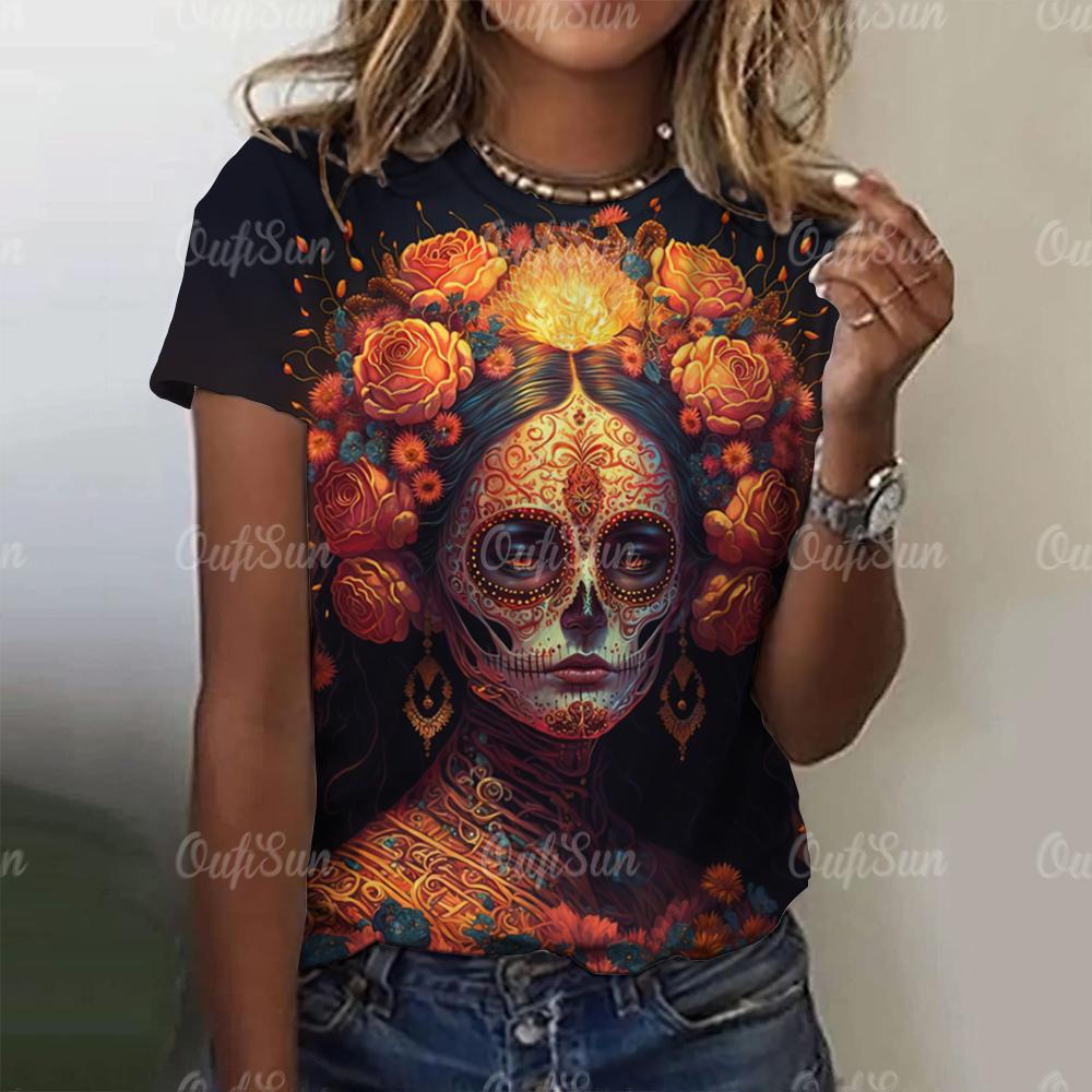 Women Skull Print T-Shirt For Print Harajuku Short Sleeve Tops Autumn O Neck Oversized Sweater Female Casual Clothes