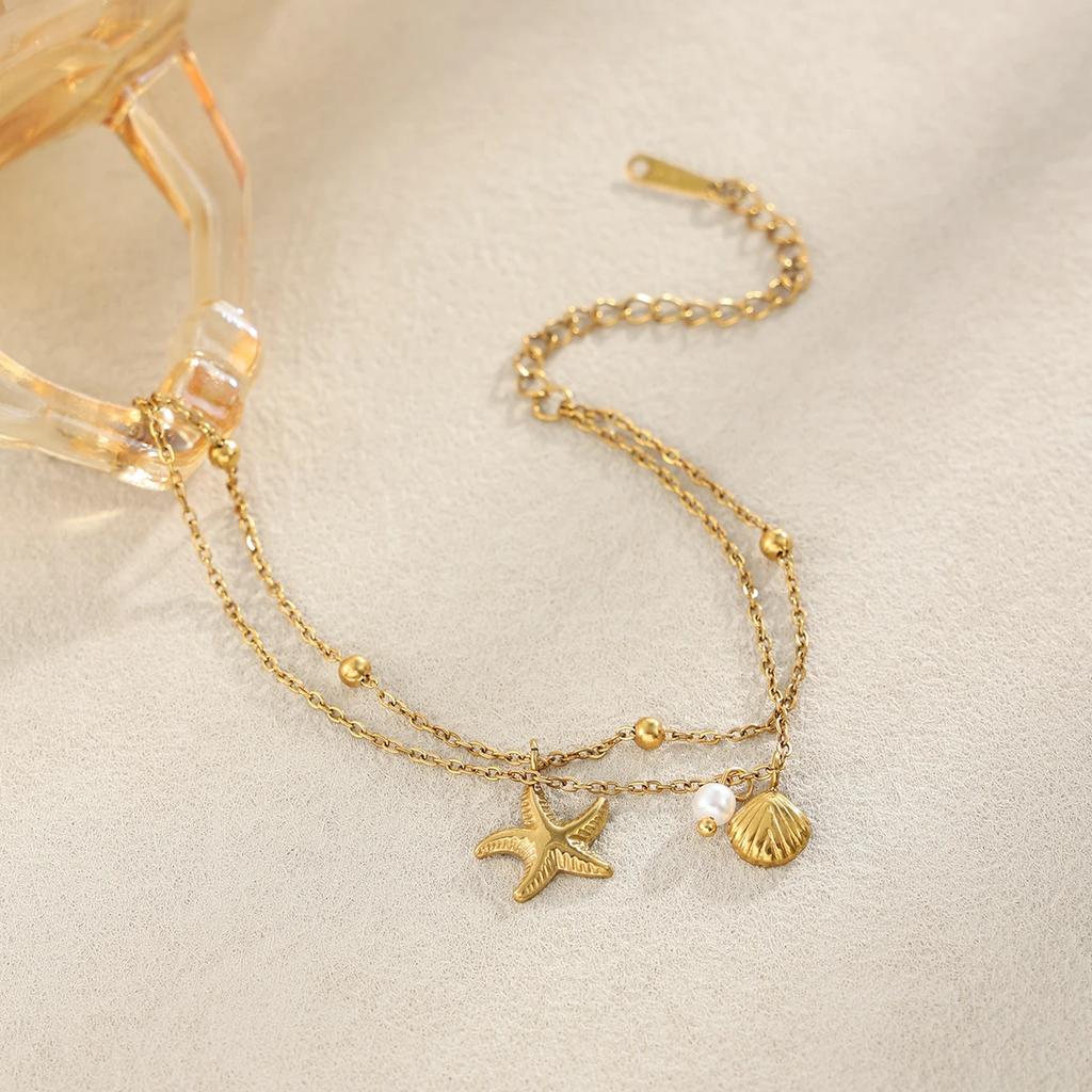 New Fashion Waterproof Gold-plated Stainless Steel Anklets for Women Boho Conch Starfish Pendant Ankle Bracelet Summer Jewelry