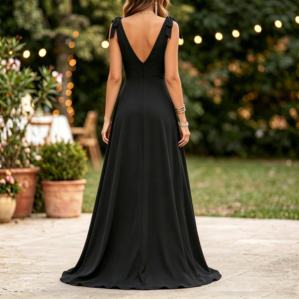 Vestido Largo Formal de Noche para Fiesta de Bodas con Escote en V, Sin Mangas, Tirantes con Lazo en el Hombro y Abertura Lateral