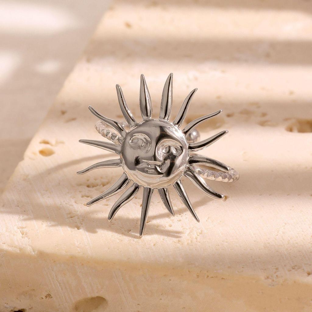 Stainless Steel Sun Design Open Ring for Women – Cute, Non-fading Titanium Steel