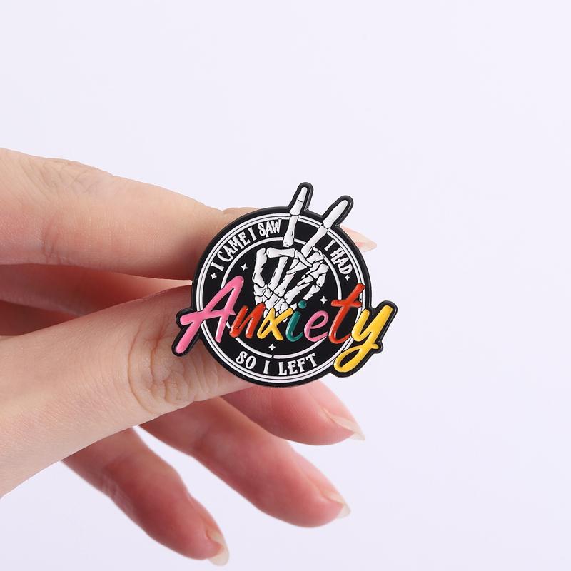 Anxiety Funny Antisocial Enamel Pins Skeleton Hand Skull Brooches Lapel Badges Punk Mental Health Jewelry Gift for Friends