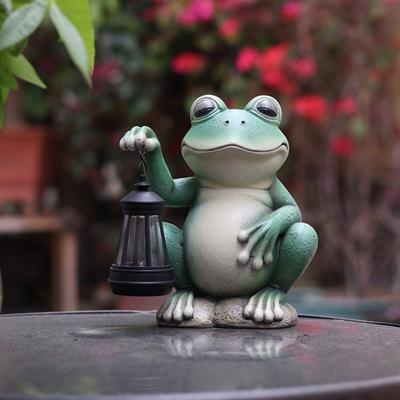 Frog Figurine with Solar Lantern Green Frog Light Resin Statue Sculpture Indoor Outdoor Garden Lawn
