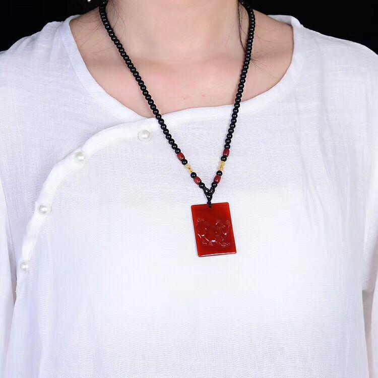 Red Agate Zodiac Pendant - New Design with Monkey and Dog Symbols for Prosperity and Brightness
