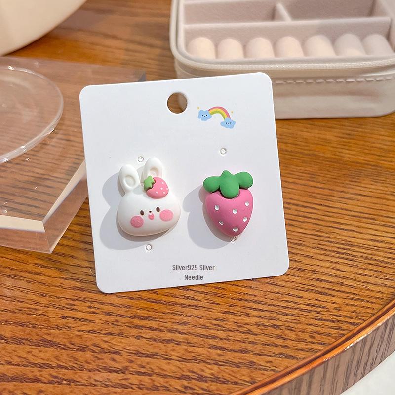 Japanese Kawaii Pastel Rabbit Bear & Strawberry Fruit Earrings with Silver Posts