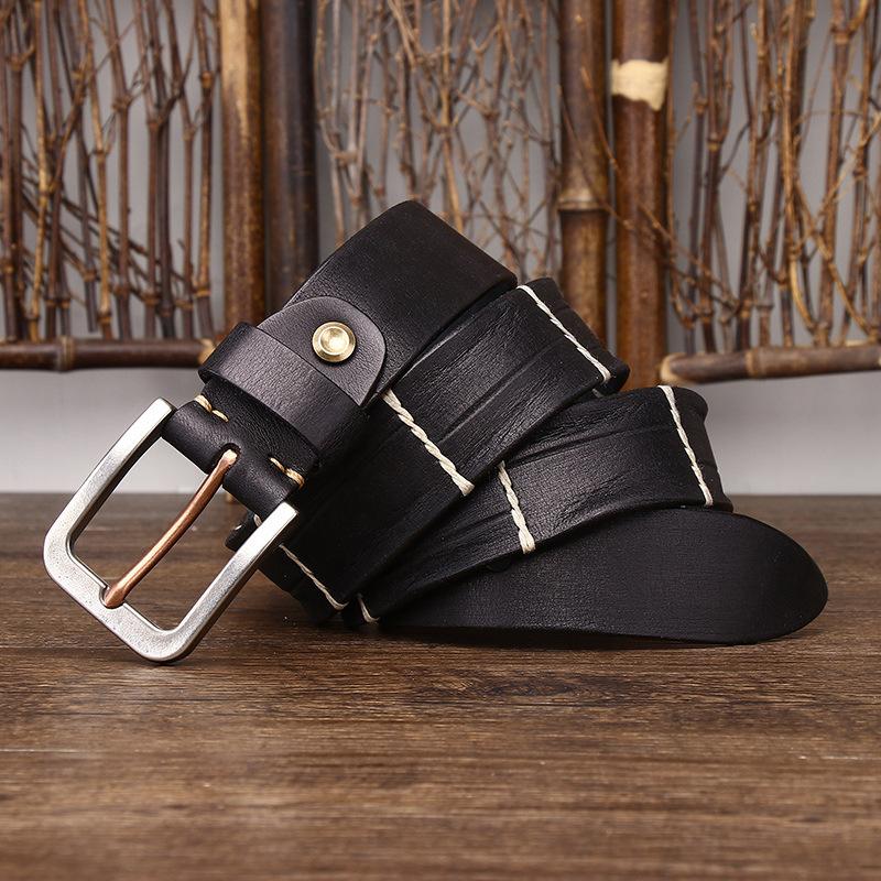Thick Thread Decorative Genuine Leather Pure Cowhide Personality Trendy Versatile Men's Pin Buckle Jeans Belt