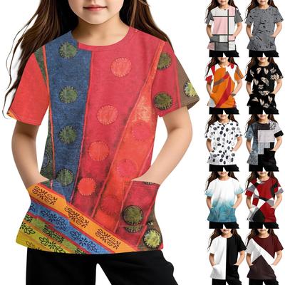 Children's Short Sleeve Pocket Tops Casual  Print T Shirt Round Neck Pullover Blouse