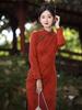 Autumn Pink Qipao: Modern Chinese Young Style, Long Sleeve Mid-Length Dress