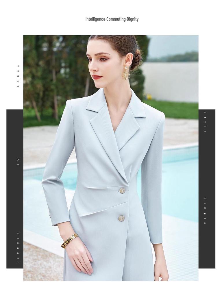 Blue Two-Button Suit Collar Women's Mid-Length Dress - Spring & Autumn Style