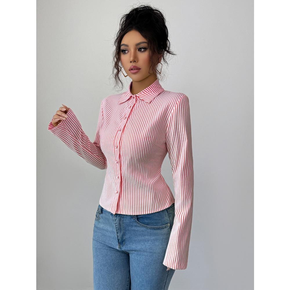 Casual Simple Striped Long-sleeved Button Tops and Shirts for Women 2025 Autumn and Winter